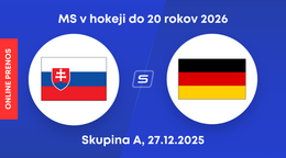 Slovensko - Nemecko: ONLINE prenos zo zápasu skupiny A na MS v hokeji do 20 rokov 2026.