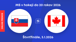 Slovensko - Kanada, ONLINE prenos zo štvrťfinále MS v hokeji do 20 rokov 2026 (U20).