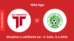 AS Trenčín - FC Tatran Prešov: ONLINE prenos zo zápasu 5. kola skupiny o udržanie sa v Niké lige.