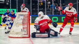 Brankár Mads Sögaard inkasuje gól v zápase Slovensko - Dánsko.