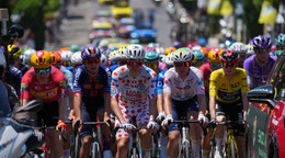 The pack rides during the second stage of the Tour de France cycling race over 168.5 kilometers (104.3 miles) with start in Tarragona and finish in Barcelona, Spain, Sunday, July 5, 2026. (AP Photo/Thibault Camus)