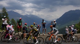 From left, Ecuador's Richard Carapaz, Italy's Davide Piganzoli, Norway's Tobias Foss, and Australia's Jai Hindley, ride during the twentieth stage of the Tour de France cycling race with start in Le Bourg d'Oisans and finish in Alpe d'huez, France, Saturday, July 25, 2026. (AP Photo/Thibault Camus)