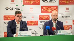 Zľava športový riaditeľ futbalového klubu FC Tatran Prešov Marek Fabuľa a predseda predstavenstva klubu Martin Korbel