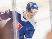 Na snímke slovenský hokejista Juraj Slafkovský sa teší po strelení gólu na 1:2 počas prípravného zápasu Slovensko - USA.