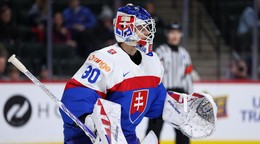 Slovenský brankár Alan Lenďák reaguje v zápase základnej A-skupiny Švédsko - Slovensko na MS hráčov do 20 rokov.