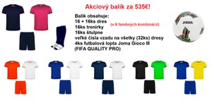 Akciový balík Espaňa - 16+16ks dres, 16ks trenírky, 16ks štulpne a 4ks Joma Gioco futbalová lopta