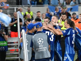 Na snímke radosť hráčov Slovana po strelení gólu v odvetnom stretnutí play-off Ligy majstrov ŠK Slovan Bratislava - FC Midtjylland 28. augusta 2024 v Bratislave.