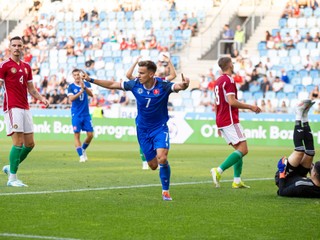 Artur Gajdoš sa teší z gólu v priateľskom zápase Maďarsko 21 – Slovensko 21 v Budapešti (05. 09. 2024)