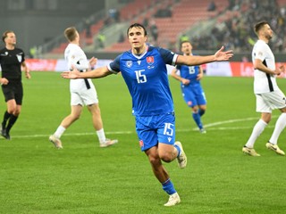 Na snímke radosť hráča Slovenska Dávida Strelca po strelení gólu na 1:0 počas zápasu C-divízie Ligy národov (LN) Slovensko - Estónsko v Trnave v utorok 19. novembra 2024.