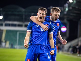 Opory tímu Adrián Kaprálik a Dominik Hollý v zápase Slovensko U21 - Holandsko U21 v Žiline (14.11.2024).