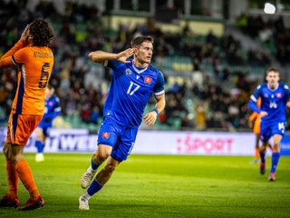 Adrián Kaprálik po góle na 1:1 v prípravnom zápase Slovensko U21 – Holandsko U21 v Žiline (14.11.2024)