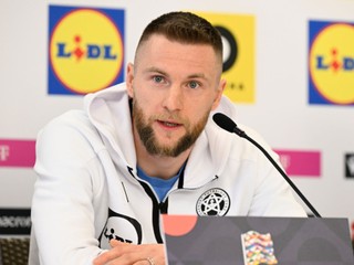 Na snímke Milan Škriniar počas tlačovej konferencie pred úvodným zápasom play off Ligy národov so Slovinskom 19. marca 2025 v Senci.