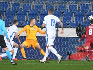Brankár Marek Rodák inkasuje v zápase proti Česku druhý gól.