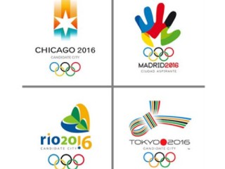 Logá jednotlivých kandidátov na OH 2016. Hore zľava Chicago a Madrid, dole zľava potom Rio de Janeiro a Tokio.