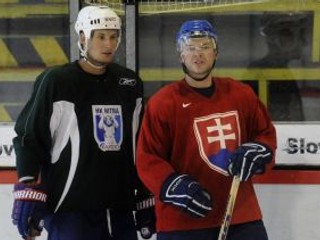 Na snímke slovenskí hokejoví reprezentantí vľavo Branislav Mezei a vpravo Jozef Stümpel počas letnej prípravy. Obaja patria medzi tých hokejistov, ktorých zlákala Kontinentálna liga. Budú pôsobiť v Kazachstane v tíme Barys Astana.