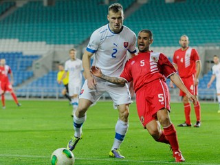 Lukáš Štetina (v bielom) už za seniorskú reprezentáciu hral. Na fotografii počas zápasu s Gibraltárom.
