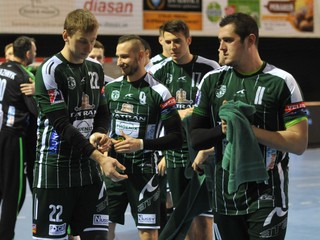 Zľava: Alexey Peskov, Dominik Krok, Lukáš Urban, Viačeslav Sadovyi (Prešov) počas prvého finálového zápasu Slovenského pohára mužov medzi Tatran Prešov - MŠK Považská Bystrica. 