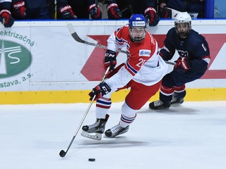 Na snímke Filip Chytil z Českej republiky (vľavo) a Jacob Tortora z USA v zápase skupiny B MS v hokeji hráčov do 18 rokov USA – Česká republika.