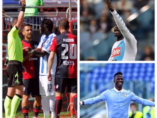 Vľavo Sulley Muntari dostal červenú kartu, keď upozorňoval na rasizmus. Prejavov rasizmu sa dočkali aj Koulibaly z Neapola (vpravo hore) a Balde Keita z Lazia Rím.