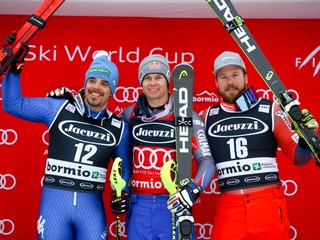 Zľava Peter Fill, Alexis Pinturault a Kjetil Jansrud.