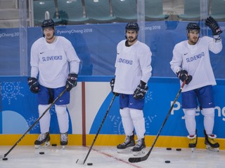 Slovenskí hokejoví reprezentanti, zľava Patrik Čerešňák, Ivan Baranka a Patrik Lamper počas prvého tréningu hokejistov SR v hokejovej hale Kwandong.