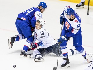 Martin Marinčin (vpravo) v zápase USA - Slovensko na MS v hokeji 2019.