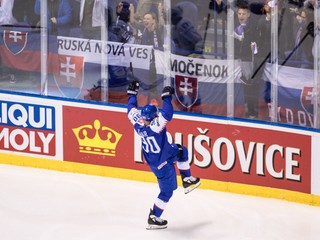 Tomáš Tatar oslavuje tretí gól v zápase USA - Slovensko na MS v hokeji 2019.