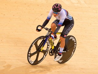 Slovenská reprezentantka v dráhovej cyklistike Tereza Medveďová v bodovacích pretekoch na II. Európskych hrách v Minsku 27. júna 2019.