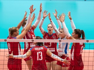 Slovenské volejbalistky sa radujú z víťazstva nad Bieloruskom na ME vo volejbale 2019.