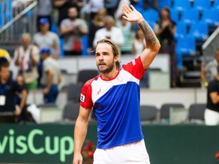 Andrej Martin po výhre nad Henrim Laaksonenom v dueli Davisovho pohára medzi Slovenskom a Švajčiarsko.