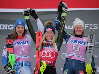 Petra Vlhová (vľavo) Mikaela Shiffrinová (v strede) a Anna Swenn Larssonová.
