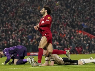 Mohamed Salah po strelenom góle do siete Manchestru United.