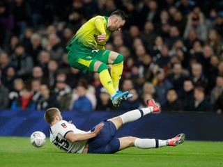 Eric Dier (na zemi) a Josip Drmič z Norwich City počas zápasu 5. kola anglického futbalového FA Cupu Tottenham Hotspur - Norwich City.