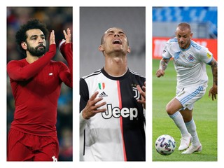 Zľava Mohamed Salah (Liverpool FC), Cristiano Ronaldo (Juventus Turín) a Vladimír Weiss ml. (Slovan Bratislava).
