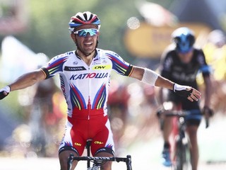 Víťaz tretej etapy Joaquim Rodriguez z Kaťuše, ktorý zároveň získal bodkovaný dres pre najlepšieho vrchára.