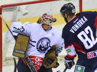 Barry Brust (vľavo) chytal v KHL aj proti Slovanu Bratislava.