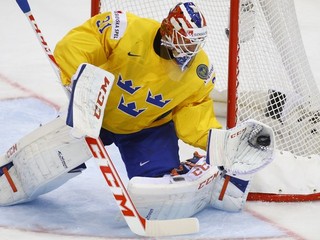 Anders Nilsson chytá puk do lapačky počas zápasu MS 2014 v Minsku.