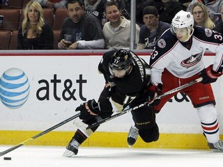 Slovenský obranca Anaheimu Ducks Ľubomír Višňovský (vľavo) atakovaný Tomášom Kubalíkom z Columbusu Blue Jackets v zápase NHL 8. januára 2012 v Anaheime.