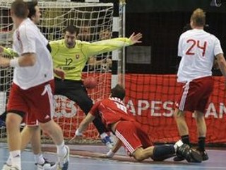 Na snímke vľavo v pozadí brankár Slovenska Richard Štochl chytá strelu Maďara Gergelyho Harsányiho (druhý sprava).