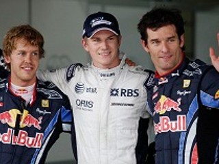 Víťaz kvalifikácie na Veľkú cenu Brazílie Nico Hülkenberg s pilotmi tímu Red Bull Sebastianom Vettelom a Markom Webberom.