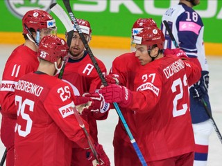 Hráči Ruska v zápase proti Veľkej Británii na MS v hokeji 2021.