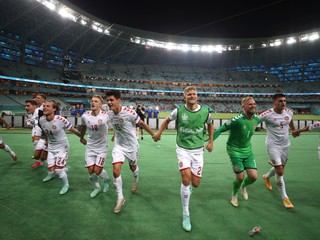 Radosť hráčov Dánska po štvrťfinále EURO 2020 / 2021.