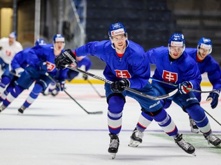 Martin Gernát (vpredu) počas tréningu slovenskej hokejovej reprezentácie.