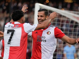 Dávid Hancko sa teší z gólu v drese Feyenoordu Rotterdam.