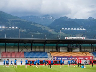 Na snímke tréning slovenskej futbalovej reprezentácie pred utorňajším kvalifikačným zápasom J-skupiny Lichtenštajnsko - Slovensko o postup na ME 2024 vo Vaduze v pondelok 19. júna 2023. 