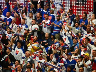 Na snímke slovenskí fanúšikovia povzbudzujú počas zápasu USA - Slovensko