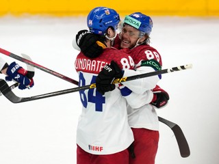 Czech Republic's David Pastrnak, right, celebrates his goal with Czech Republic's Tomas Kundratek during the gold medal match between Czech Republic and Switzerland at the Ice Hockey World Championships in Prague, Czech Republic, Sunday, May 26, 2024. (AP Photo/Darko Vojinovic)