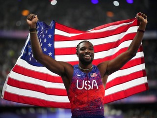 Noah Lyles, of the United States, celebrates after winning the men's 100-meter final at the 2024 Summer Olympics, Sunday, Aug. 4, 2024, in Saint-Denis, France. (AP Photo/Petr David Josek)

- 2024 Summer Olympic Games;Summer Olympic games;Olympic games;Sports;Events;XXXIII Olympiad;Olympics 2024;Paris Olympics;Summer Olympics 2024;Paris Summer Olympics;2024 Paris Olympic Games;Olympics;Summer Games