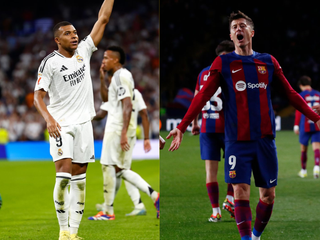 Kylian Mbappé (vľavo) v drese Realu Madrid a Robert Lewandowski v drese FC Barcelona.