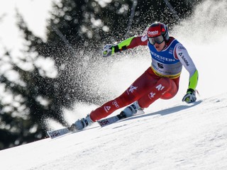 Austria's Stefan Babinsky speeds down the course during a men's Super-G, at the Alpine Ski World Championships, in Saalbach-Hinterglemm, Austria, Friday, Feb. 7, 2025. (AP Photo/Gabriele Facciotti)